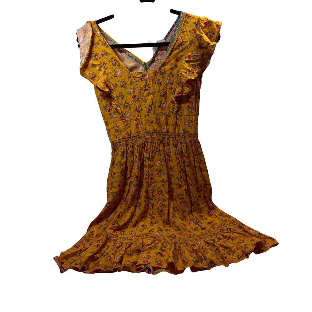 Matilda Jane Womens XS Mustard Yellow‎ Floral Flutter Sleeve Smocked Mini Dress